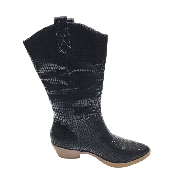 Black Croc-Embossed Mid-Calf Western Boots Size 6M Faux Leather Upper Block Heel - Picture 7 of 10